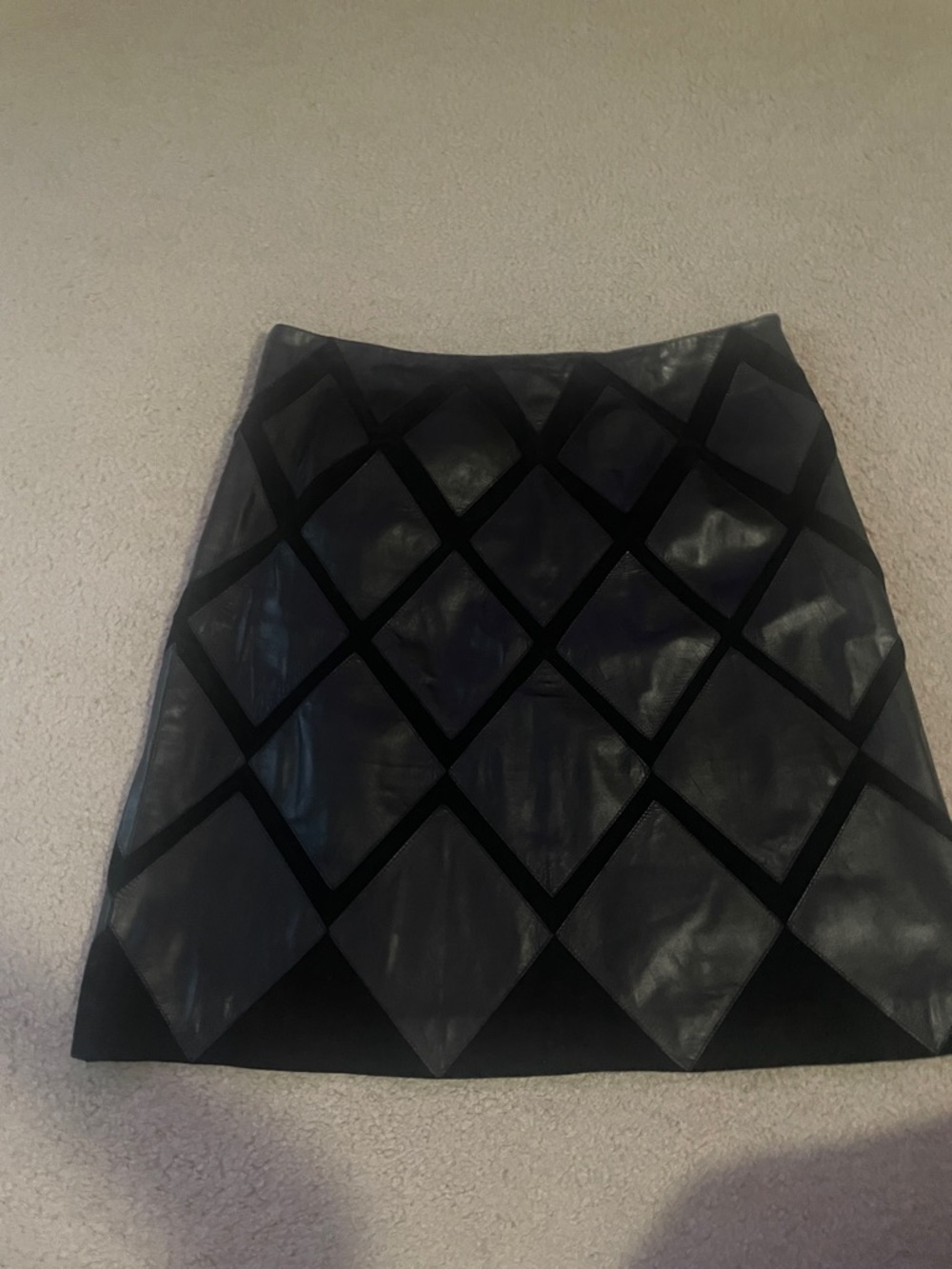 Worth Black Genuine Leather and Suede Diamond-Panel Mini Skirt - size 12